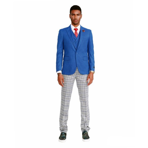 Tazio Skinny Suit 3pc Plaid Dress Pants Blue